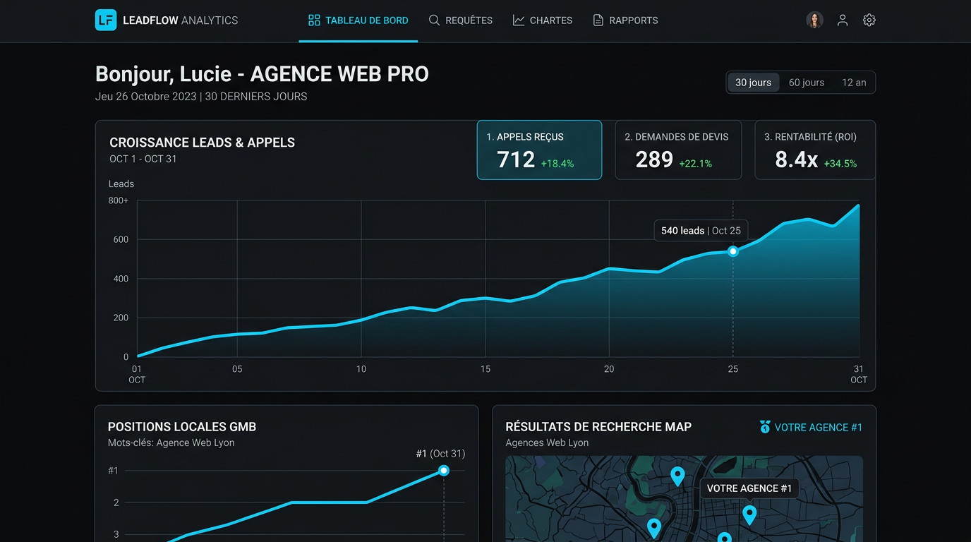 Tableau de bord Starboost : croissance des appels, devis et positionnement Google local
